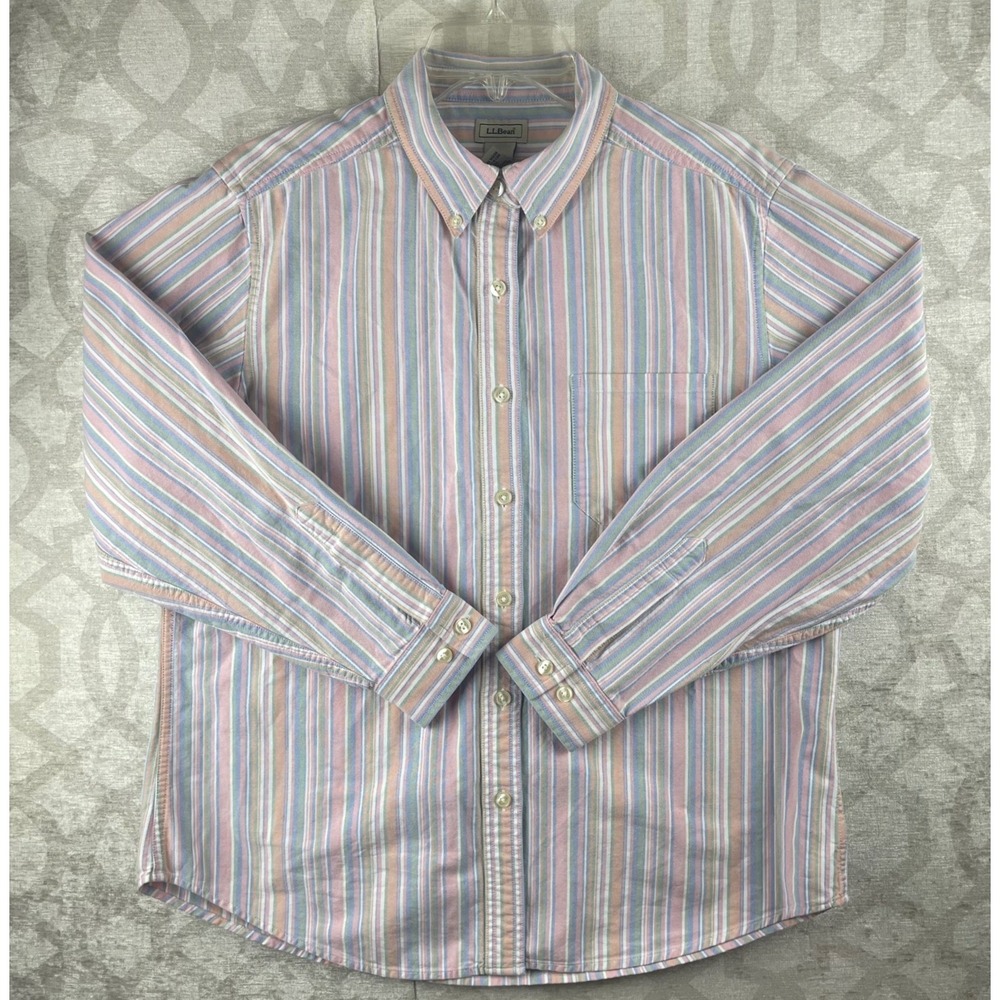LL Bean Oxford Shirt Womens Med Regular Pink Blue Striped Cotton Button Down